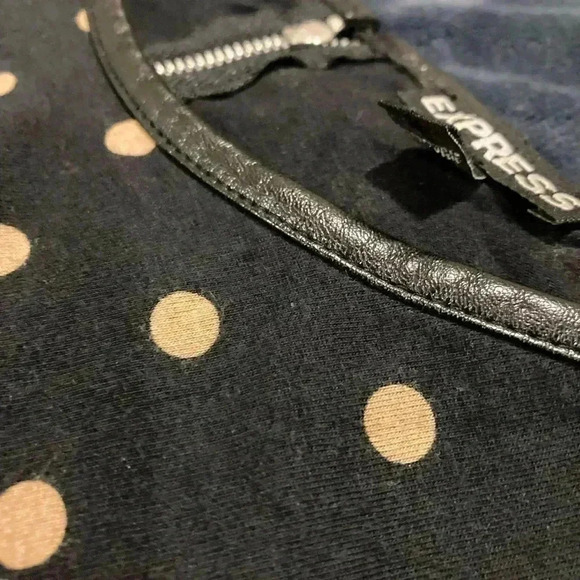 Express Women’s Blouse Faux Leather Trim Top Black Polka Dots Sz. M - Picture 6 of 8